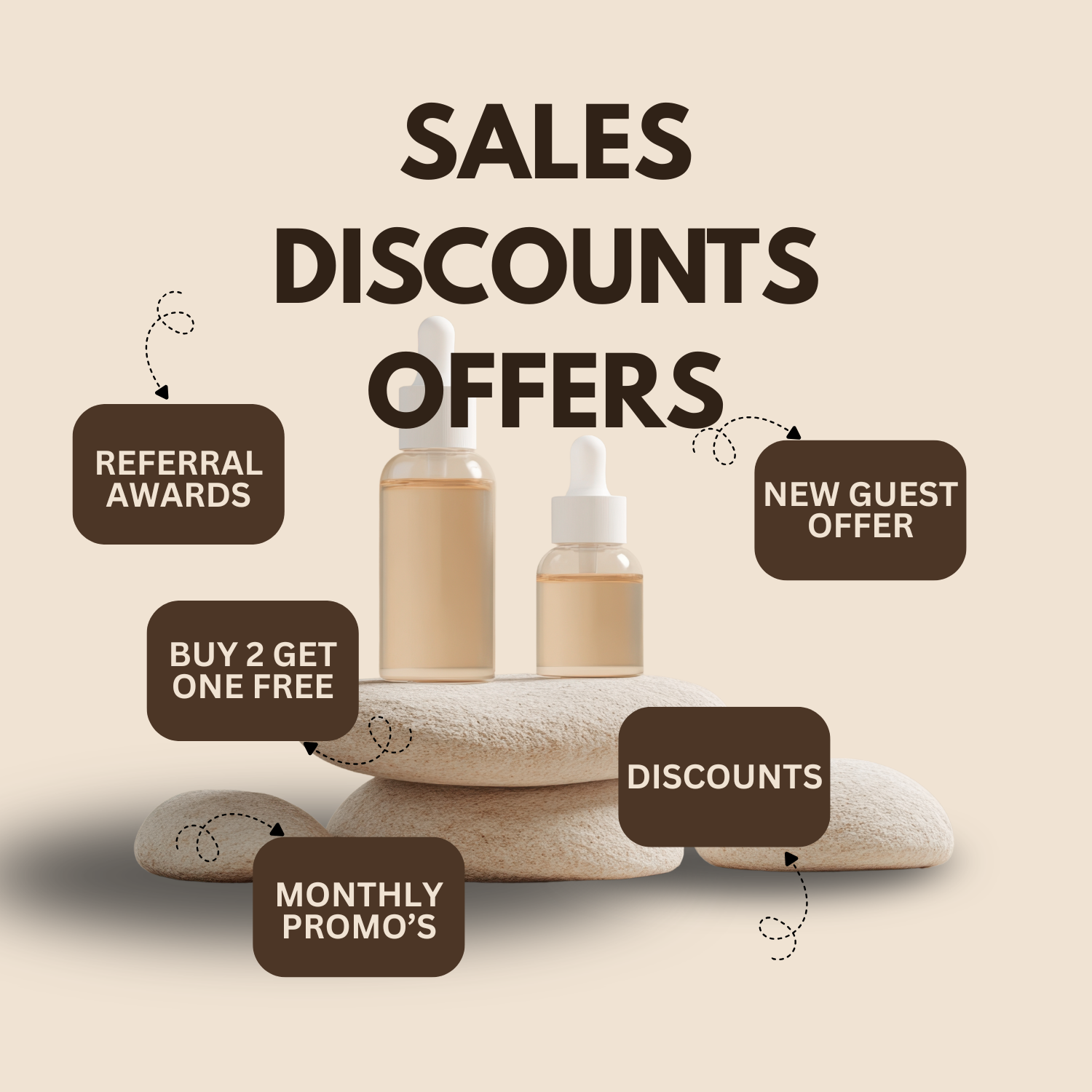 Promotional sales offer with discounts and gifts for new guests and monthly friends.