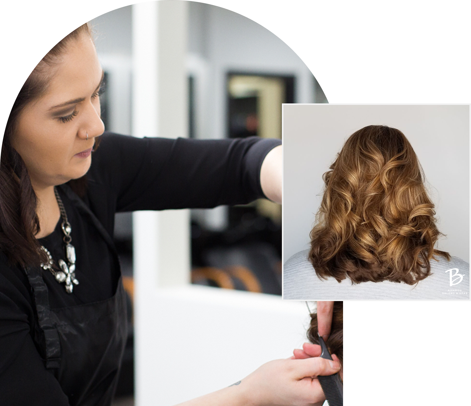 A hairstylist cutting a client's hair in a salon setting.