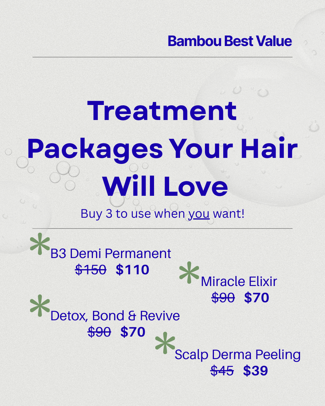 Advertisement for hair treatment packages with various options and discounts.
