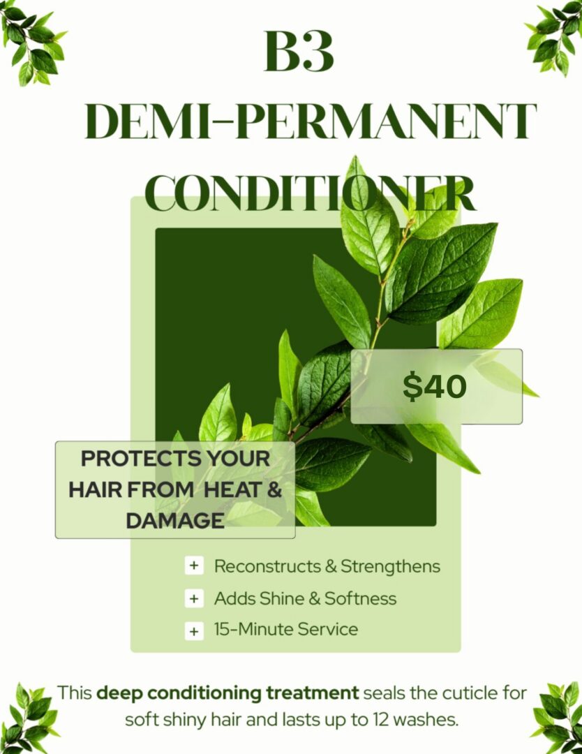 Demi-permanent botanical hair treatment with green leaves